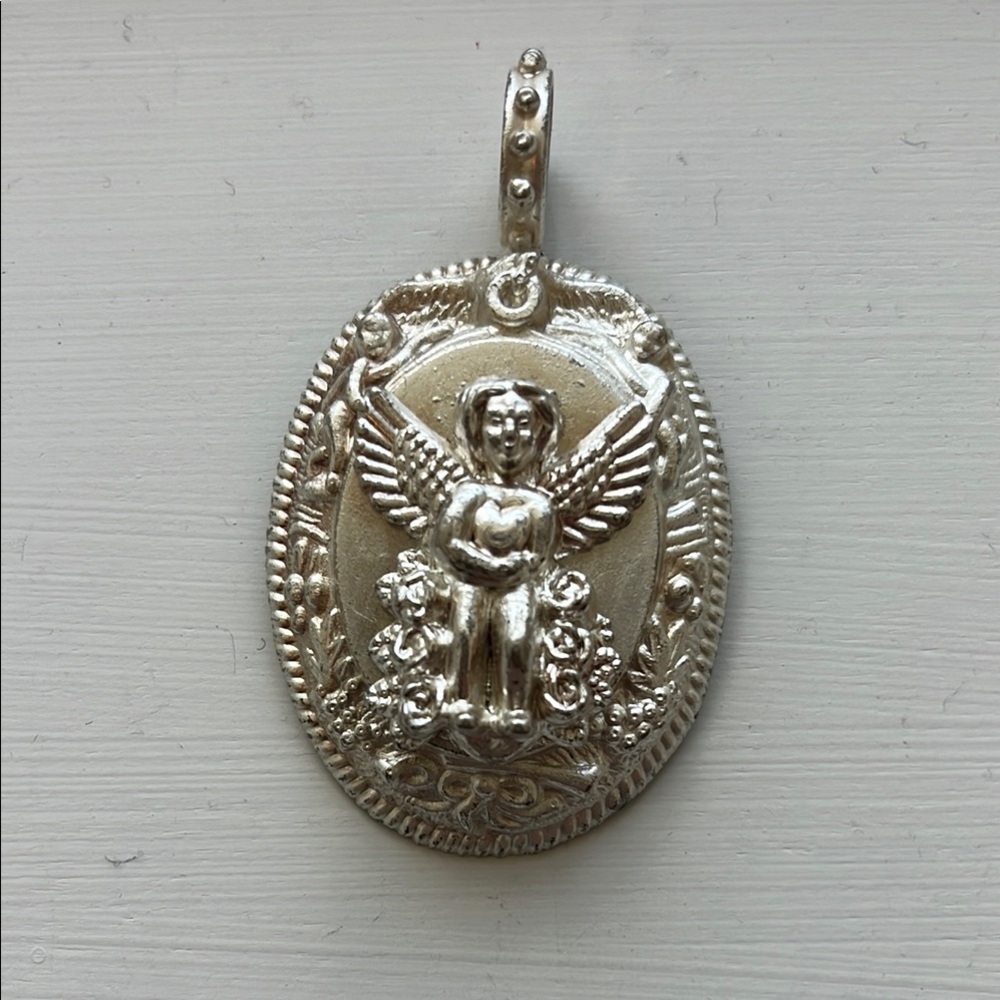 Rare Vintage Neiman Marcus Rebecca Collins Silver Angel Cherub Pendant Necklace